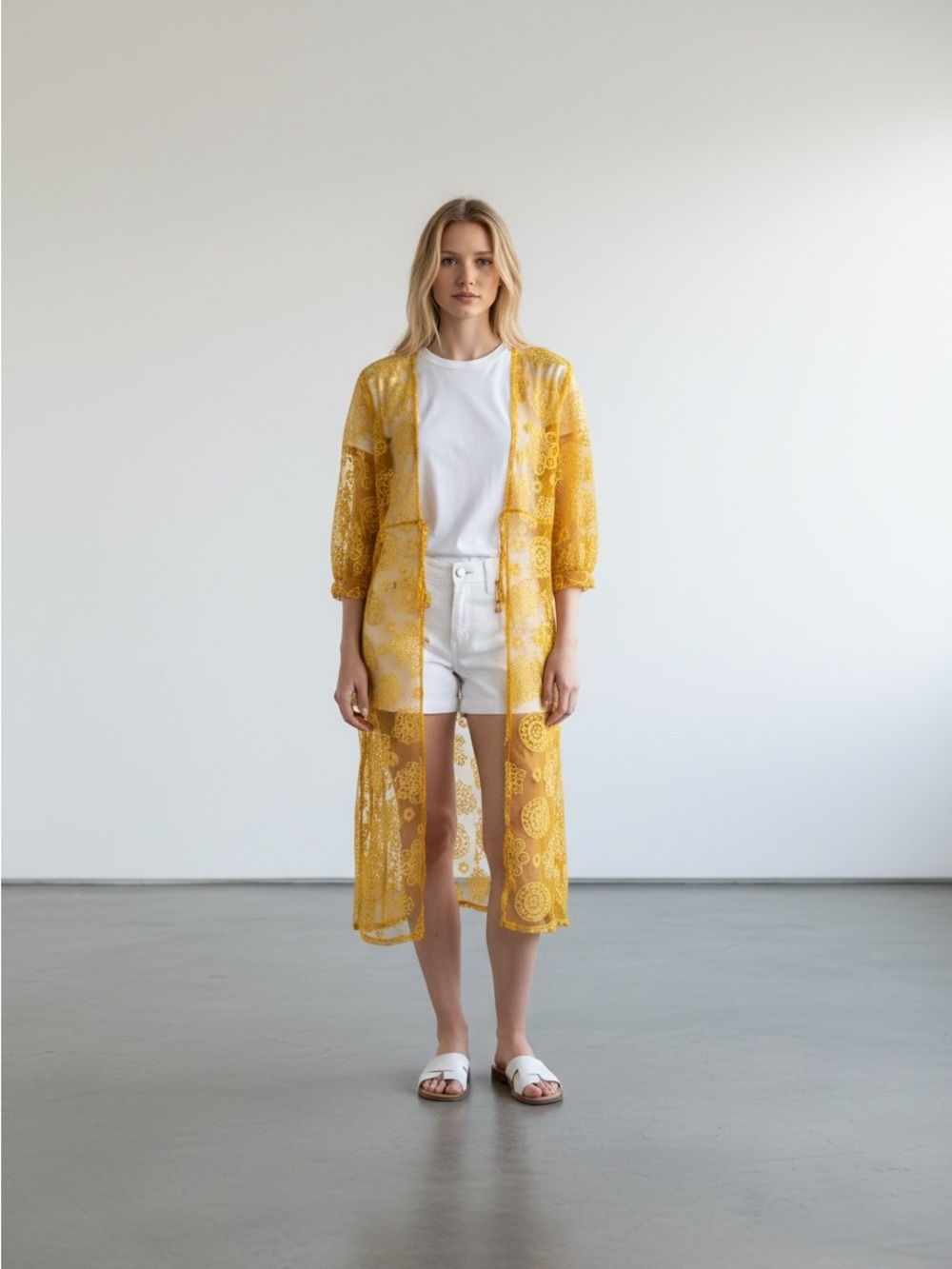 Ember Women's Gold Yellow Lace Floral Overlay Coverup Long Size Medium